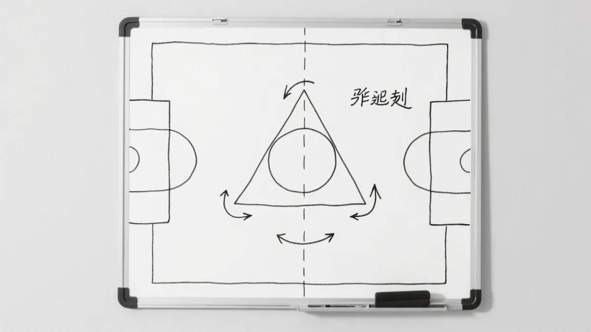 教练在战术板上画出防守三角与反击路线，黑白线条风格，简洁专业