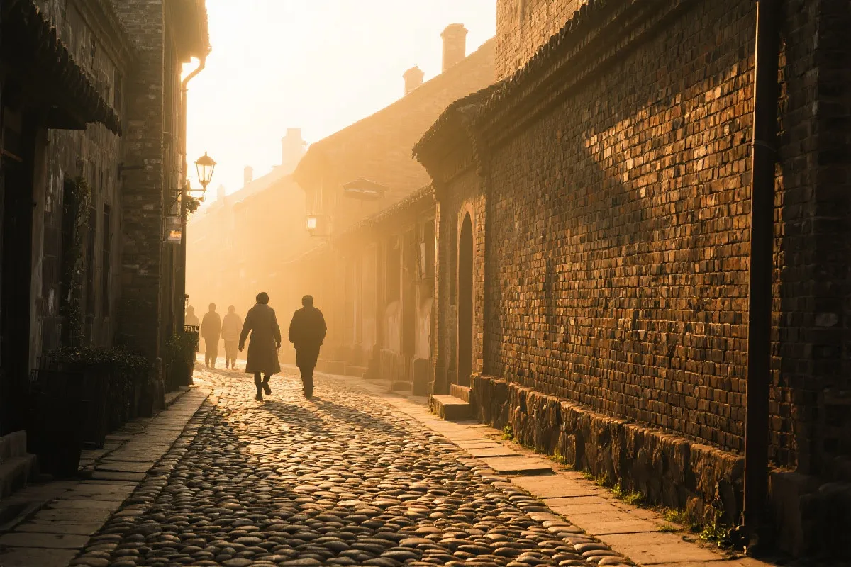 清晨的费城老城街道与历史建筑,温暖光线与步行氛围