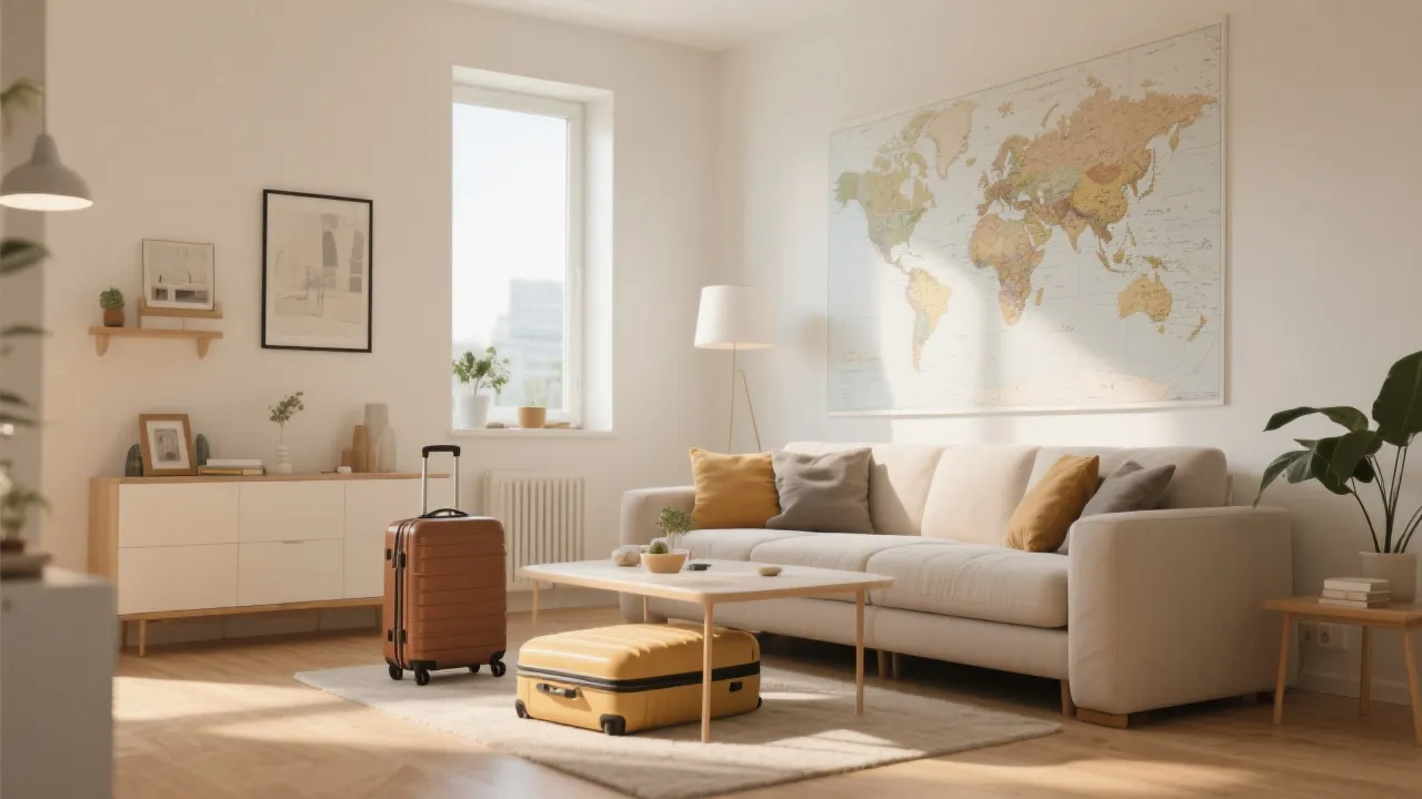 温暖的公寓客厅与旅行地图，强调周末旅行与居住体验